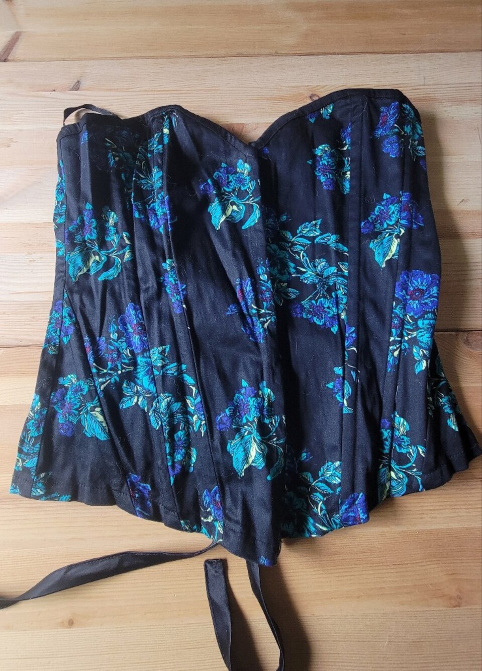 Black Floral Corset Top with Blue Blooms